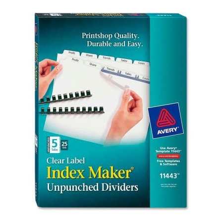 Avery Dennison Avery Index Maker Clear Label Divider, Blank, 8.5"x11", 5 Tabs, 25 Sets, White/White 11443